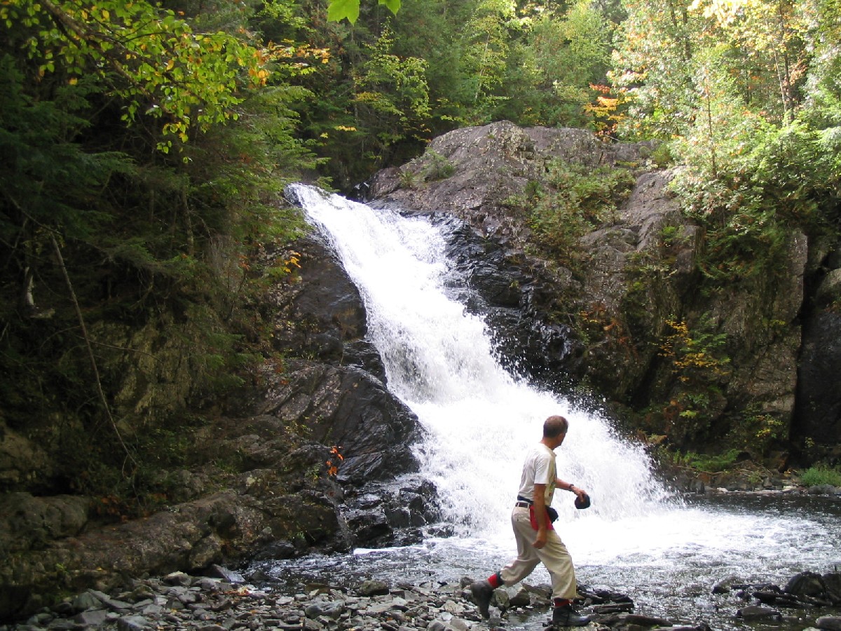 2.3 MM. Here is Ludwig at a pool at the base of a large waterfall on Pierce Pond Stream. A 0.1 mile blue spur trail leads to this falls worth viewing. Courtesy askus3@optonline.net